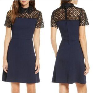 1901 Peter Pan Collar Short Sleeve Back Zip Fit-Flare Lace Mini Dress Size XS